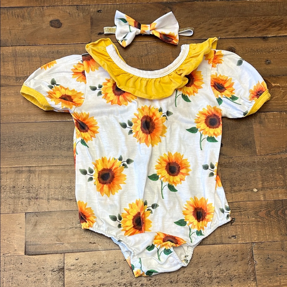 Sunflower Ruffle Neck Baby Romper with Bow
